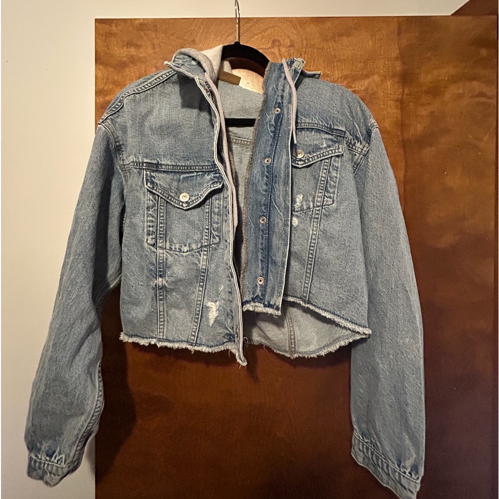 American eagle jean jacket with hood size L